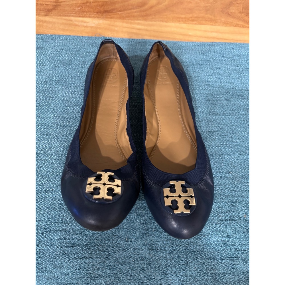 Tory Burch Ballet Flats Navy Blue Leather Gold Logo Size 9